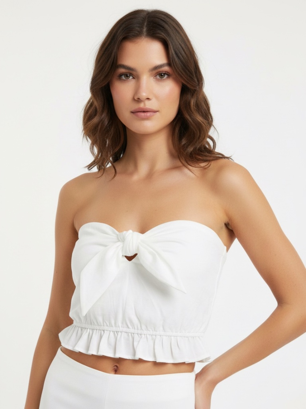 Promesa White Strapless Tie Front Ruffle Crop Top